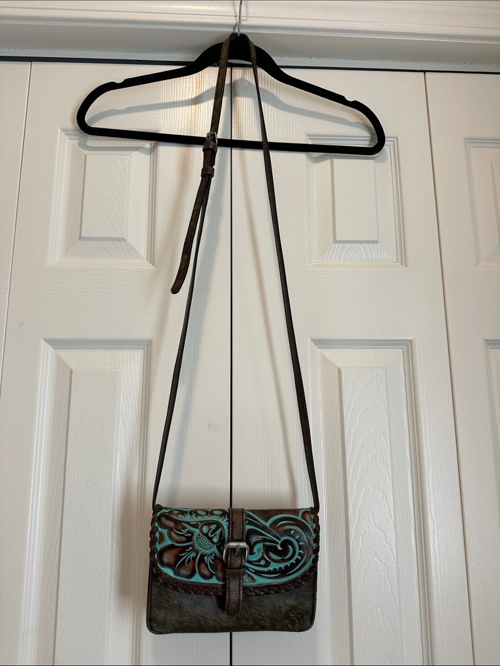 Patricia Nash Brown Leather Crossbody with Turquoise Tooled Accents